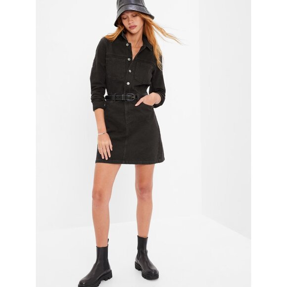 GAP Dresses & Skirts - Gap Denim Dress Black Long Sleeve Button Down Pocket Mini